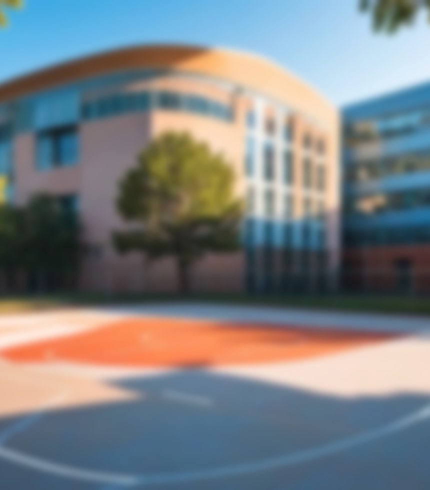 Blurry,School,Yard,,With,A,Yard,Full,Of,Trees,And